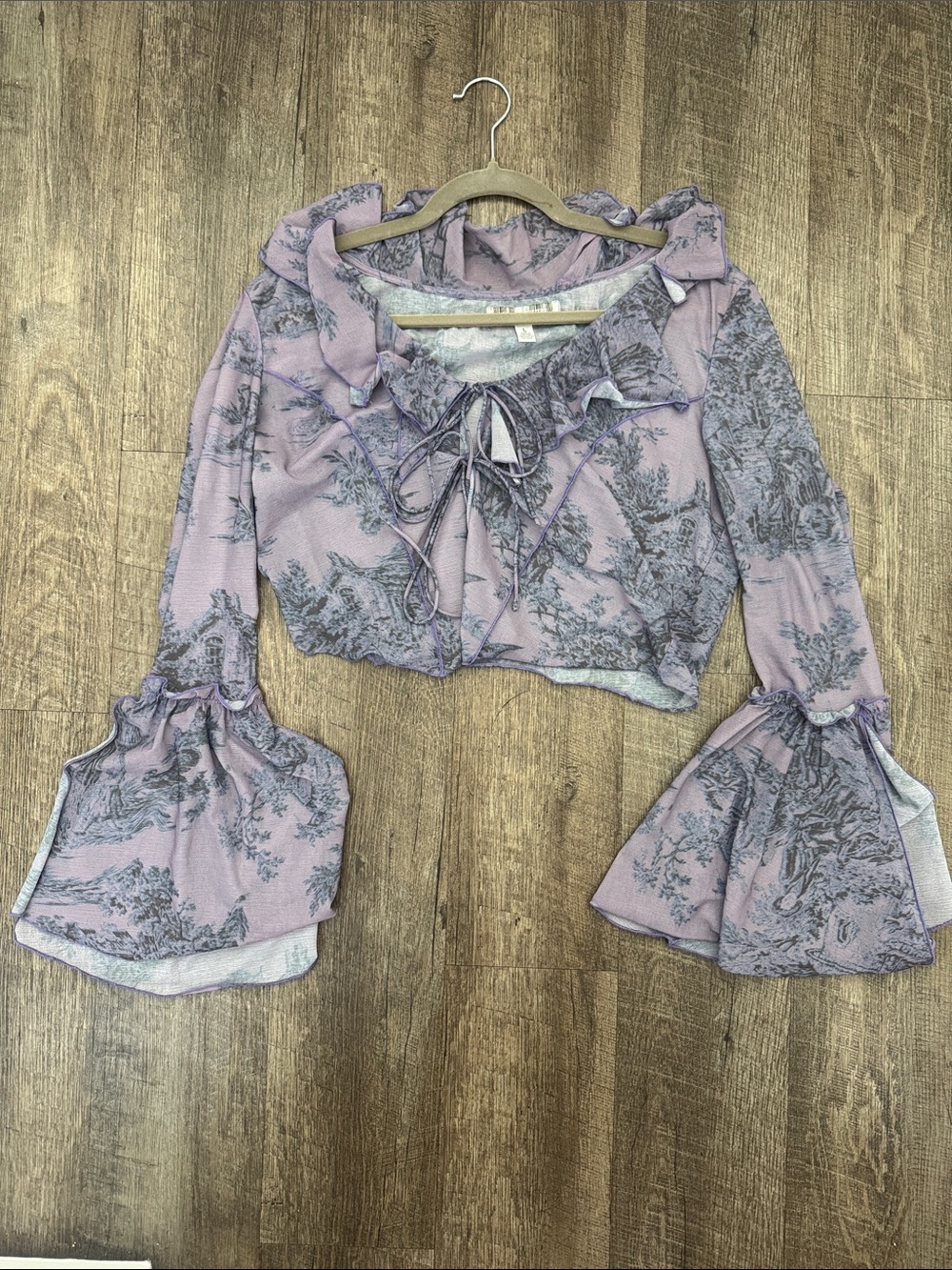 Urban Outfitters Lavender Floral Lace-Up Crop Top with Bell Sleeves